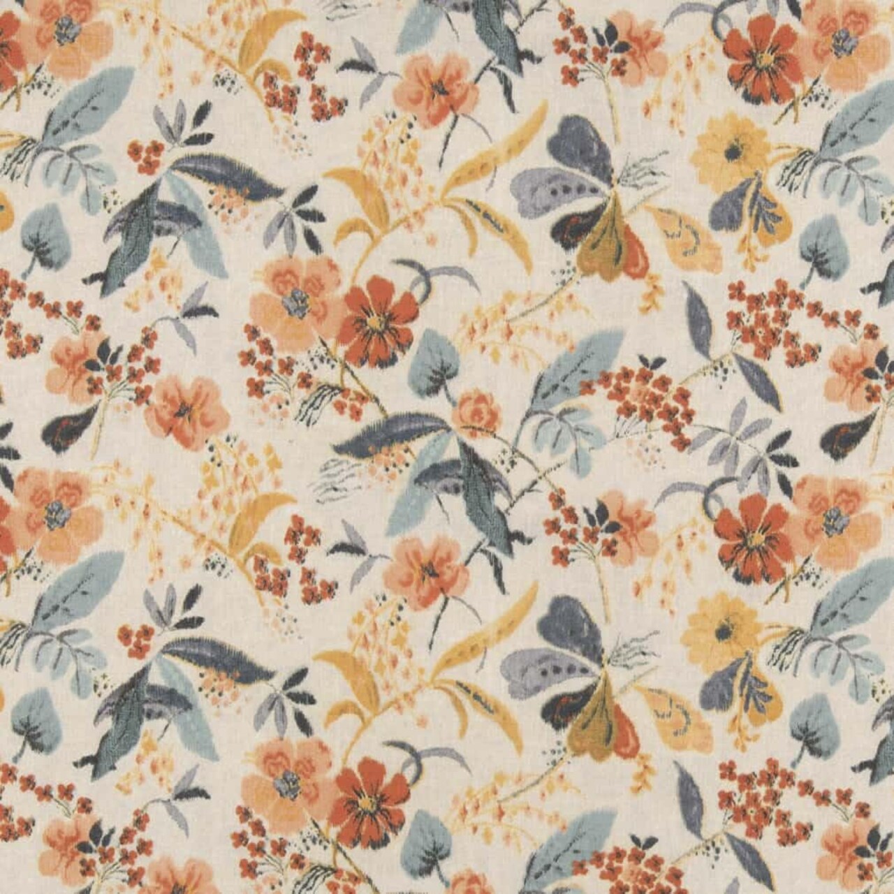 Aqua Orange Performance Pet Friendly Floral Linen Look Print Upholstery Fabric by The Yard - SKU: Eli Aqua